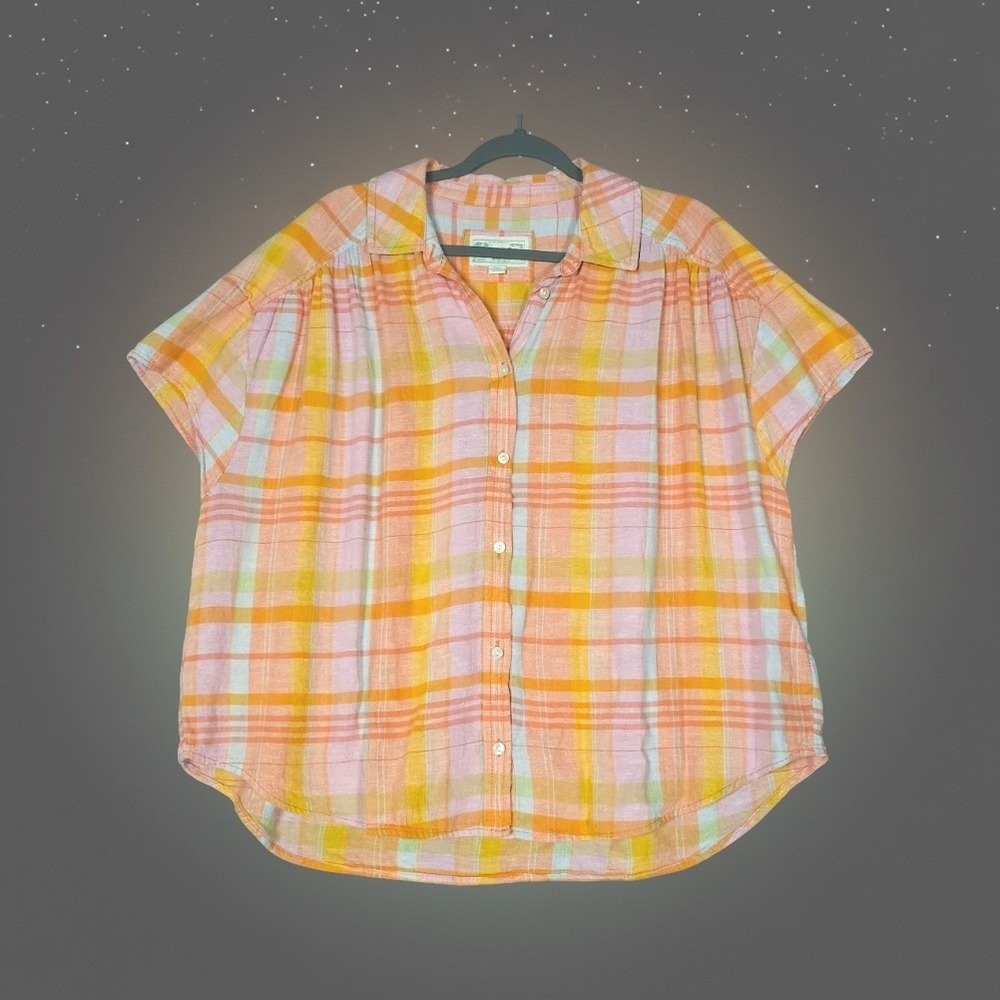 American Eagle Button Down Shirt M Pink Orange Plaid Linen Blend Beach Boho